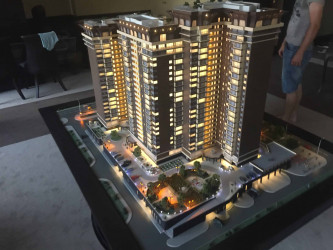 Residential neighborhood model - multi-story buildings, green areas, playgrounds