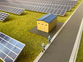 Architectural model of a solar power plant with panels and infrastructure