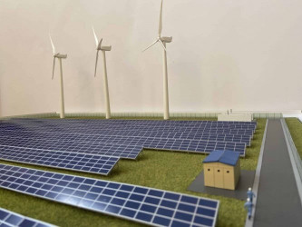 Model of a hybrid power plant with solar panels and wind turbines