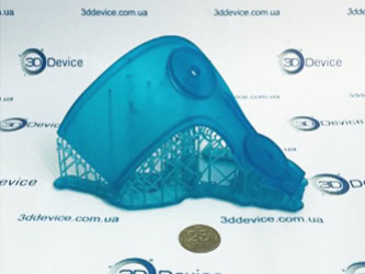 3D printed transparent blue prototype or complex part with support structures (SLA resin). 3DDevice custom model printing service.