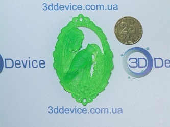 Photopolymer SLA 3D printed uranium-style green jewelry (pendant/brooch). Custom decor model by 3DDevice: 3ddevice.com.ua.