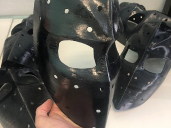 FDM 3D printed custom hockey mask (300 microns) on CreatBot. Durable cosplay/sports gear service from 3DDevice in Kyiv.