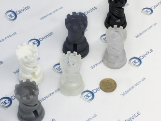 SLA 3D printed chess figures (Rooks/Turrets) for quality comparison between Formlabs and SLASH+ printers. High-detail resin printing service by 3DDevice: 3ddevice.com.ua.