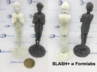 SLA 3D printed figurines (white and grey resin) for quality comparison. High-detail printing service comparing SLASH+ and Formlabs printers by 3DDevice.