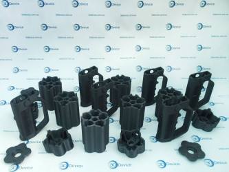 3D-printed prototypes of industrial connector components, specifically hoods and housings from the HARTING Han® series. Custom part manufacturing and prototyping for industrial and engineering needs by 3DDevice: 3ddevice.com.ua.