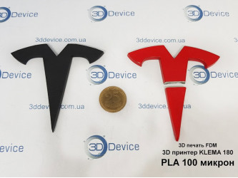 3DDevice prints black Tesla logos using PLA on KLEMA 180 FDM 3D printer.