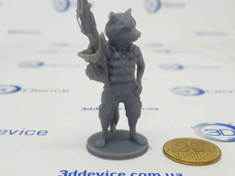 3DDevice printed Rocket Raccoon figurine, Formlabs Grey Resin, 25 micron.