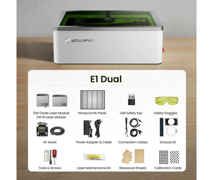 Лазерний гравер-різак Sculpfun E1 Dual 12W Diode + 3W IR