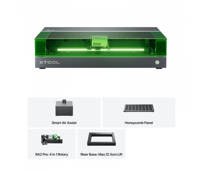 xTool S1 20W Rotary – Закритий діодний лазерний гравер-різак з ротором