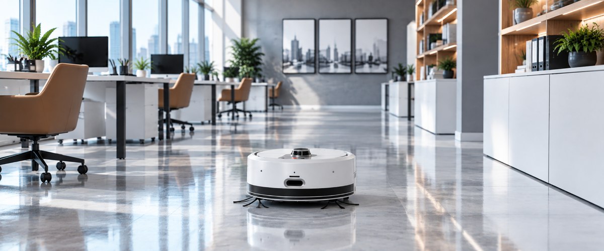 Робот-прибиральник AgiBot C2 під час очищення підлоги в офісі