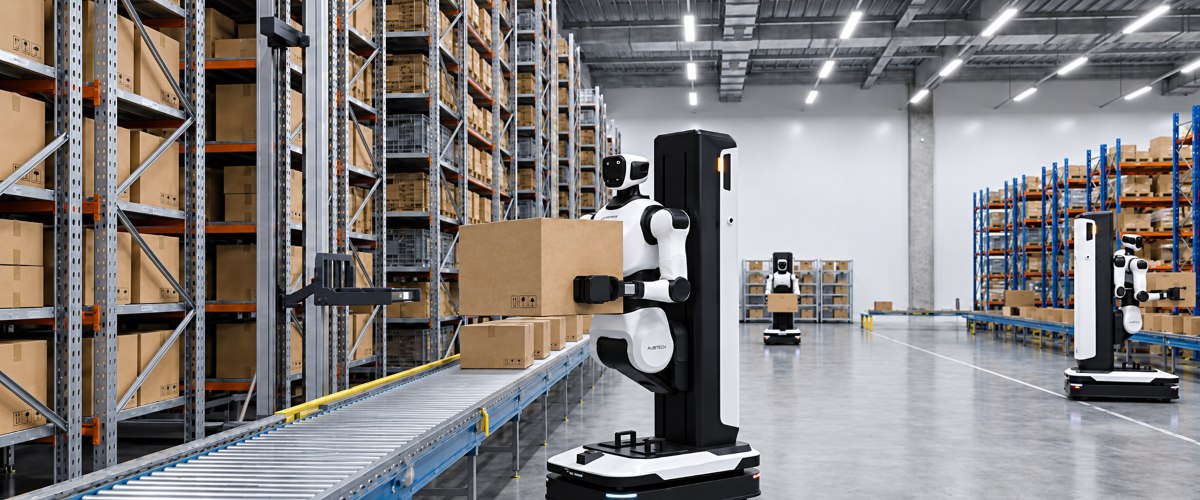 AgiBot G2 Max для перемещения коробок у складского конвейера