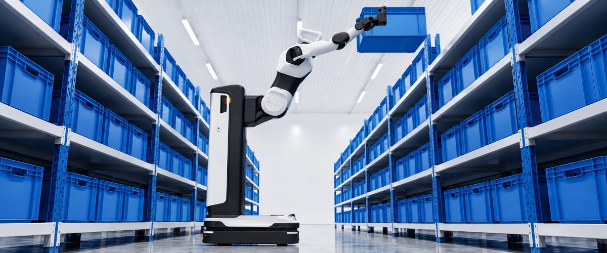 AgiBot G2 Max во время работы с контейнером на верхнем уровне стеллажа