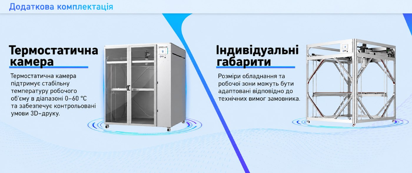 Додаткова комплектація гранульного 3D-принтера DOWELL FGF: термостатична камера та виготовлення обладнання за індивідуальними розмірами.