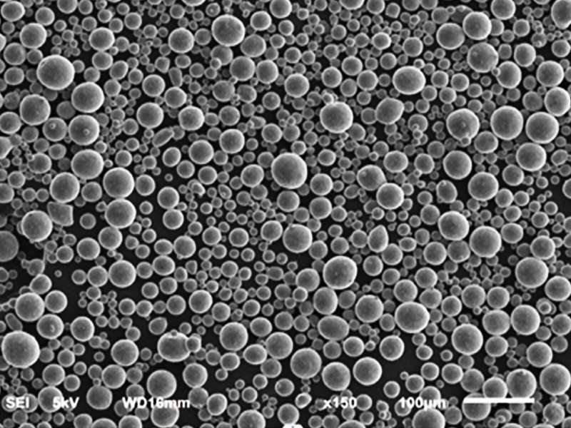 Spherical titanium powder IMT TA15 under a microscope (SEM) SEM image of IMT TA15 titanium alloy particles fraction 15–53 µm, designed for high-temperature SLM 3D printing.
