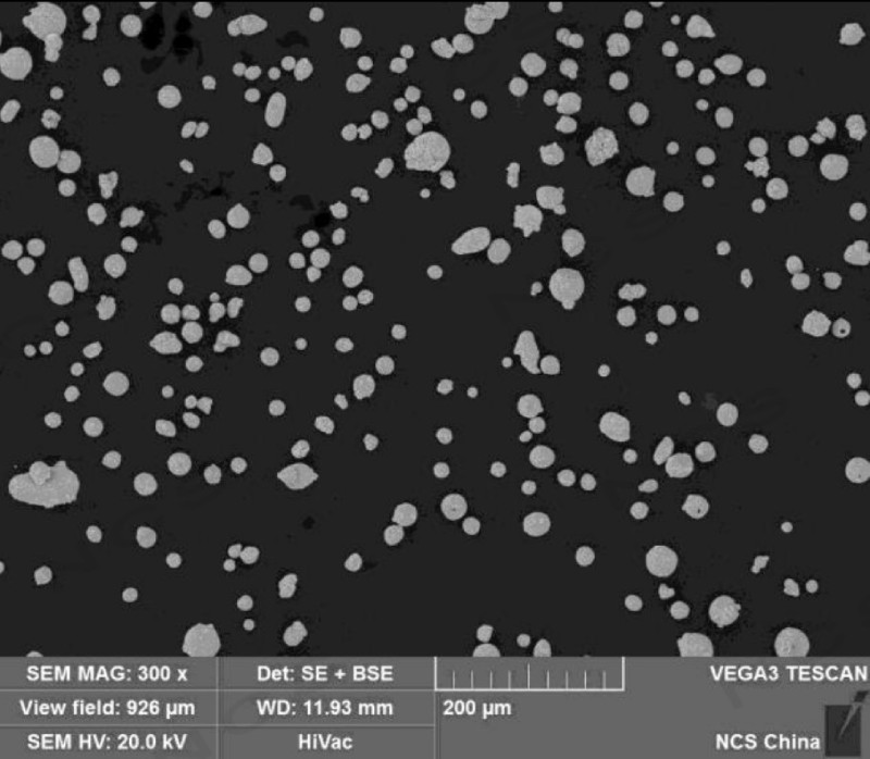 Снимок сканирующей электронной микроскопии (SEM) частиц мартенситной стали IMT 17-4PH фракции 15–53 мкм для 3D-печати сверхпрочных деталей.