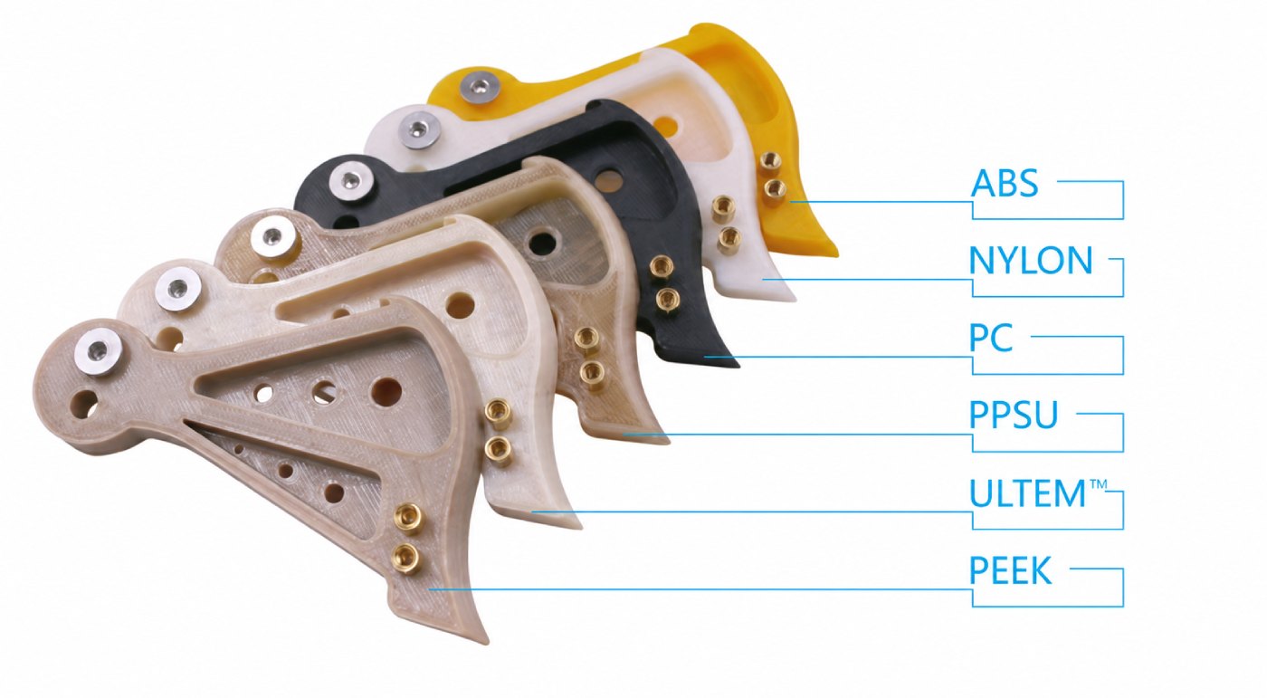 Samples of parts made from ABS, nylon, polycarbonate, PPSU, ULTEM, and PEEK, printed on the high-temperature 3D printer INTAMSYS FUNMAT HT for engineering and production applications