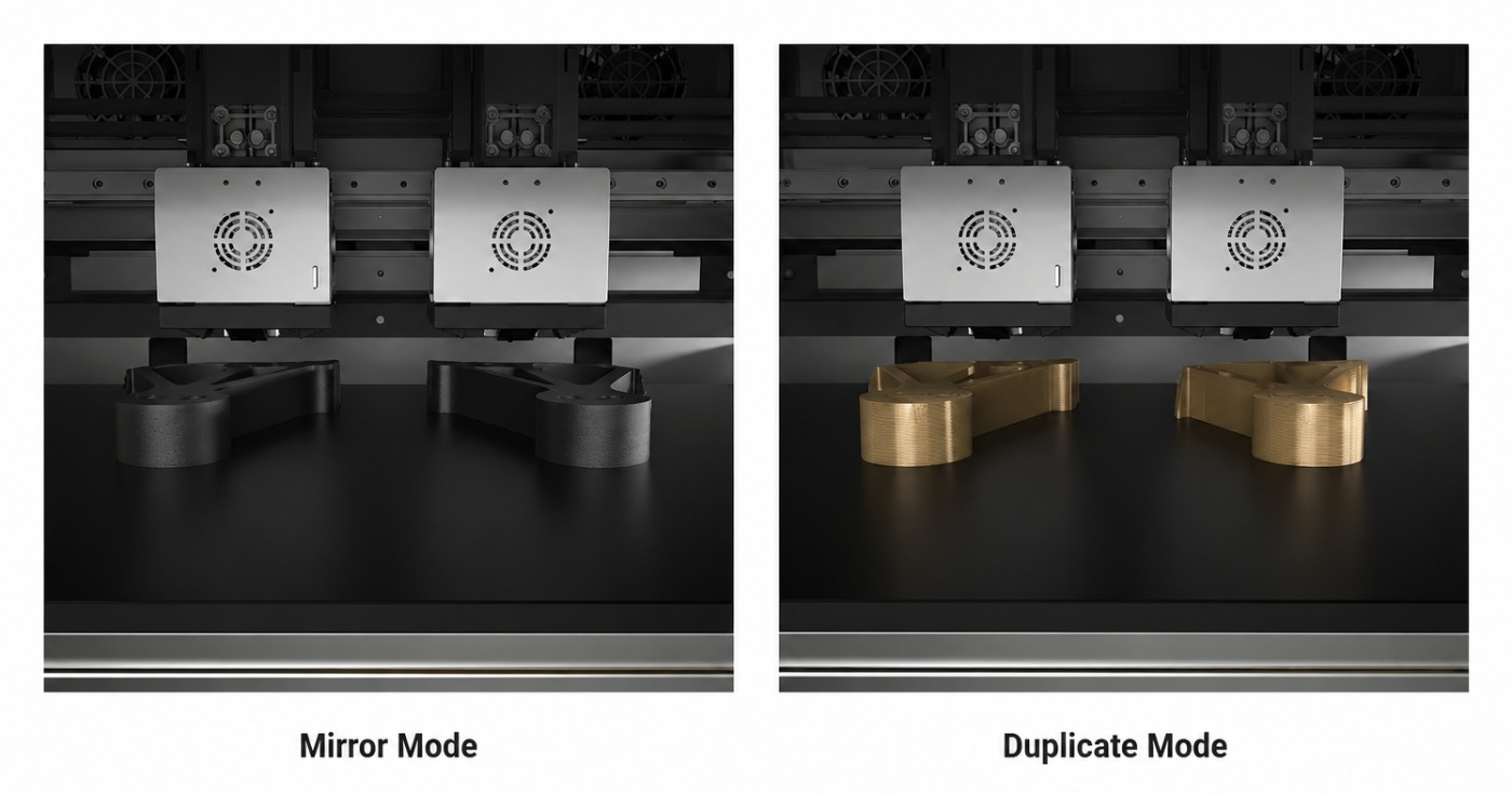 Технології Mirror Mode та Duplicate Mode в промислових 3D-принтерах INTAMSYS дозволяють одночасно друкувати дзеркальні або однакові деталі для підвищення продуктивності виробництва.