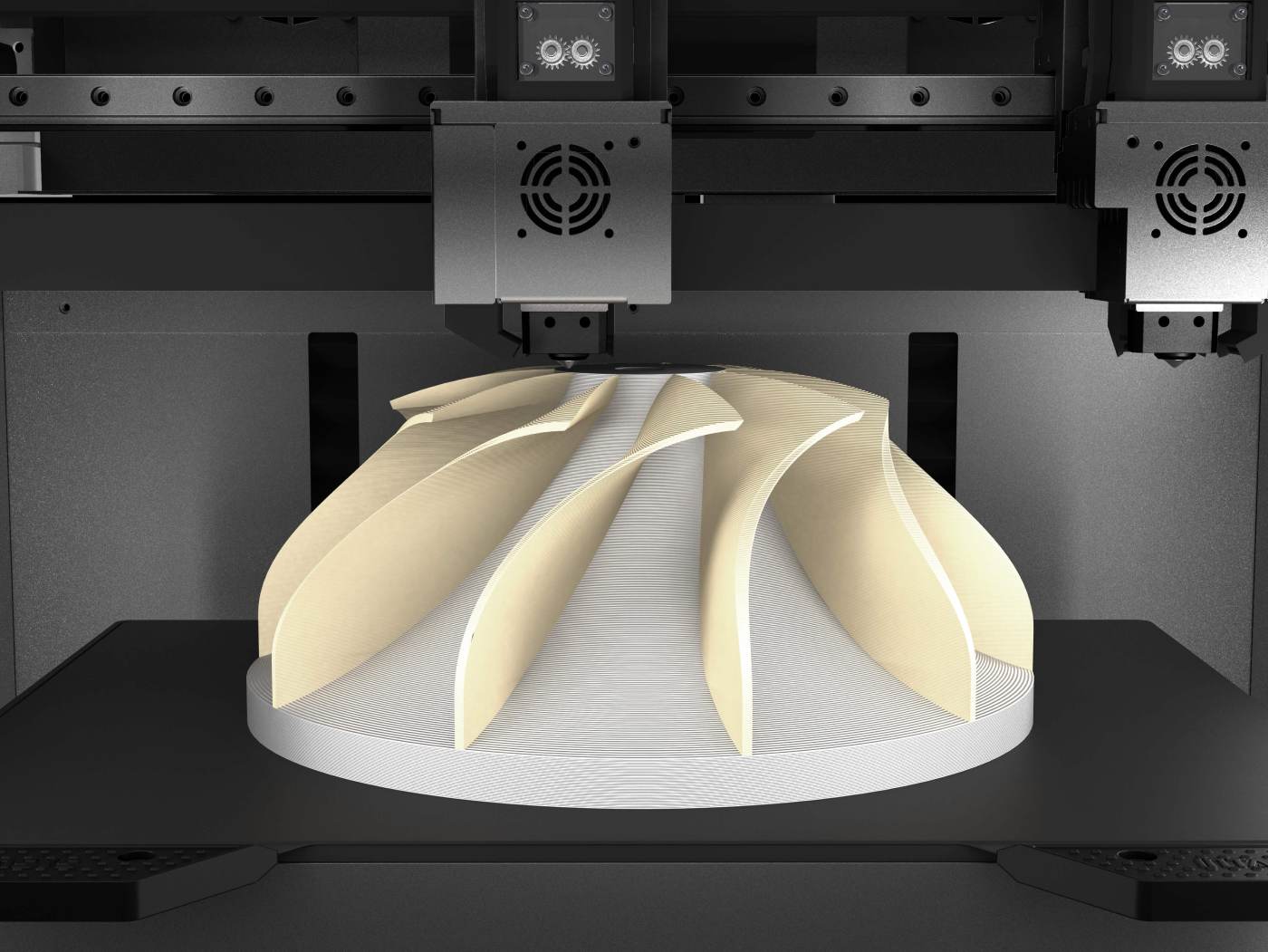 Режим двоматеріального друку на промисловому 3D-принтері INTAMSYS FUNMAT PRO 310 NEO з технологією IDEX, що дозволяє поєднувати різні матеріали або кольори в межах однієї деталі для створення функціональних виробів складної геометрії