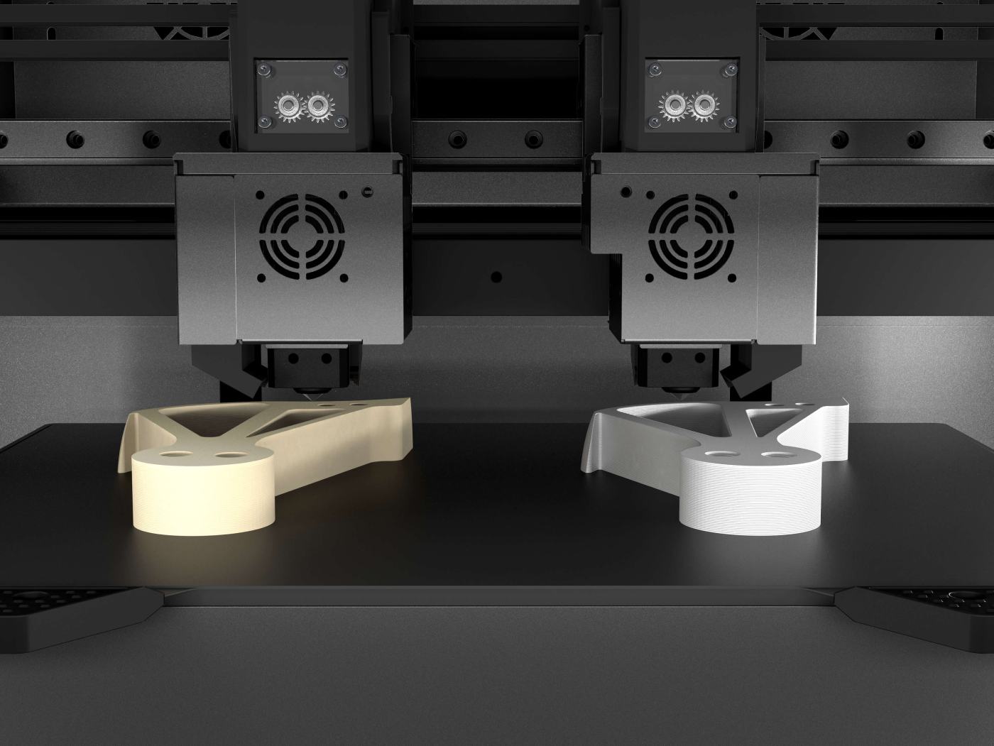 3D-принтер INTAMSYS FUNMAT PRO 310 NEO демонструє режим Duplicate Mode, у якому два незалежні екструдери IDEX одночасно друкують ідентичні функціональні деталі для підвищення продуктивності виробництва