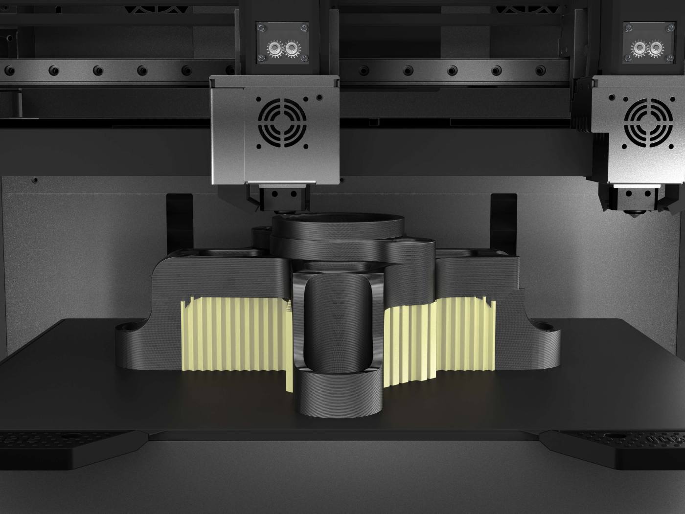 Режим Support Mode на промисловому 3D-принтері INTAMSYS FUNMAT PRO 310 NEO з системою IDEX, що дозволяє друкувати функціональні деталі та підтримки різними матеріалами для подальшого легкого видалення підтримувальних структур