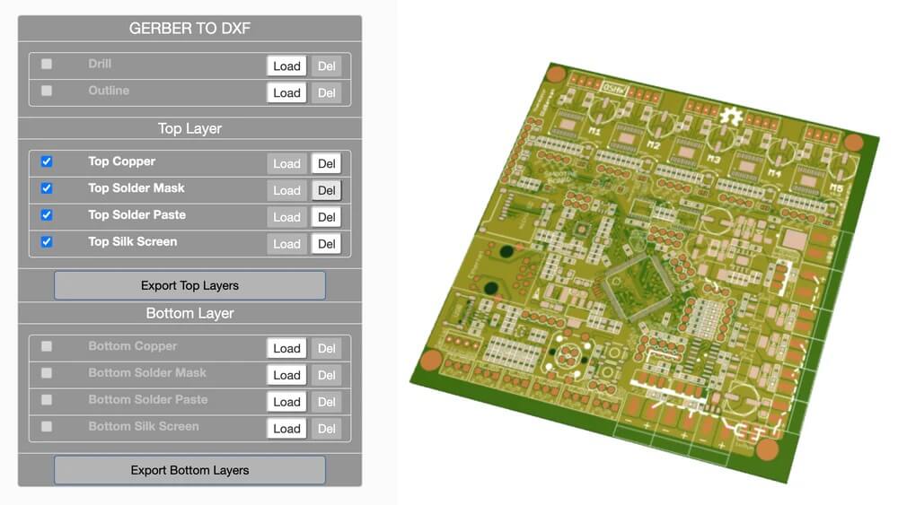 Оптимізуйте свій робочий процес за допомогою інтуїтивно зрозумілого конвертера Gerber-to-CAD Скріншот програмного забезпечення для конвертації файлів з Gerber у CAD, що використовується з верстатом ЧПК Carvera, із зображенням макета друкованої плати.