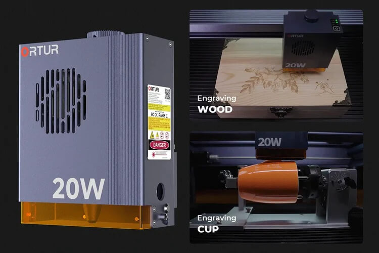 Close-up view of the ORTUR H20 20W laser module.