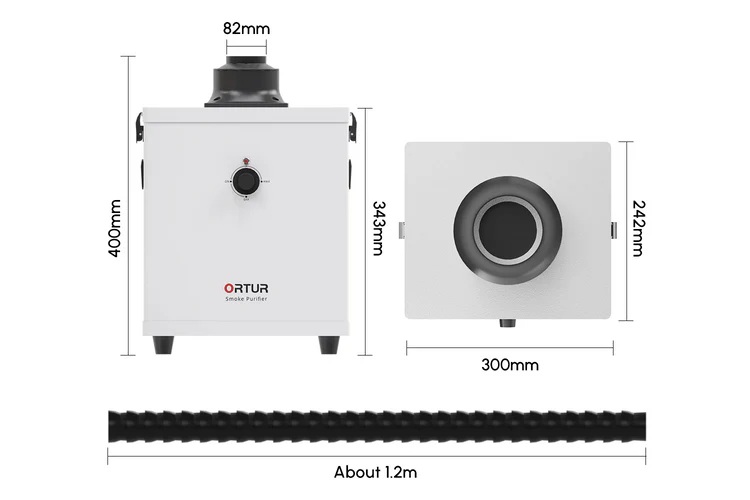 Схема, показывающая размеры очистителя дыма Ortur.