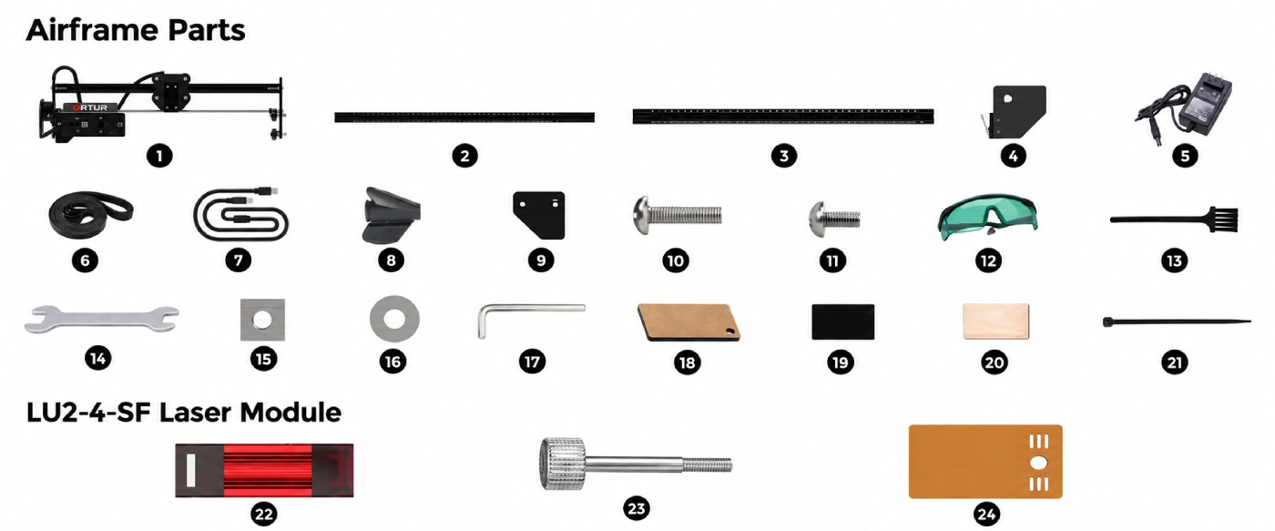 Package contents of Ortur LM2 S2 5W laser engraver-cutter with LU2-4-SF module and mounting details.