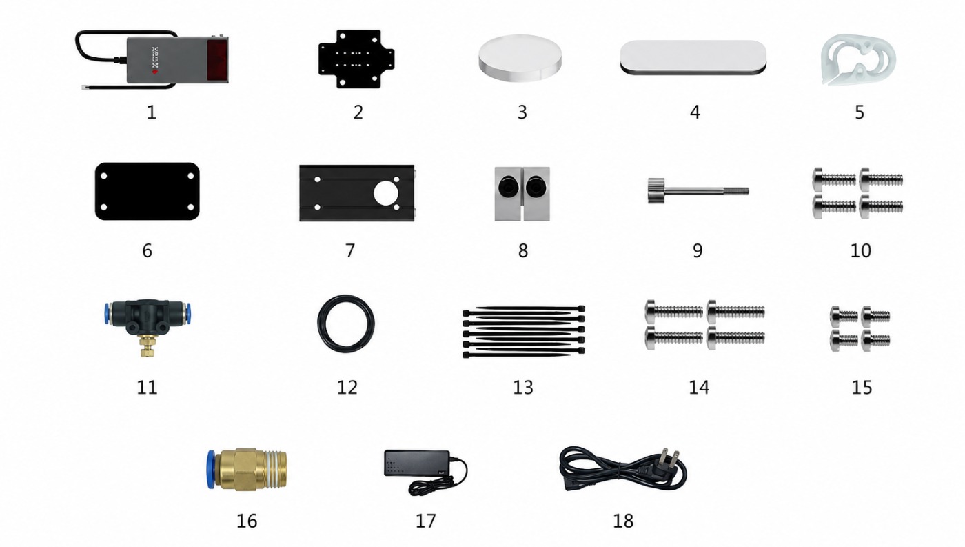 Package contents of the Ortur LU3-20A 20W diode laser module for laser engraver: laser module, power supply, mounting elements, Air Assist fittings, cables, and fasteners