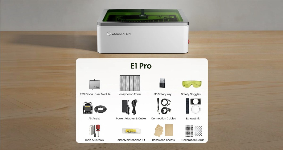Комплектація лазерного гравера SCULPFUN E1 Pro Dual з аксесуарами