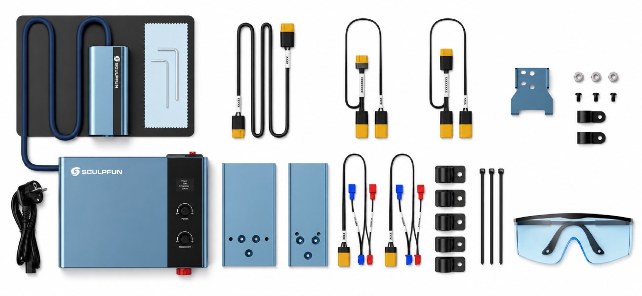 Complete set of Sculpfun IF2 20W Fiber laser engraver with all accessories