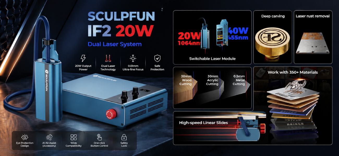 Sculpfun IF2 20W Dual Laser System with a powerful 20W fiber laser for metal marking
