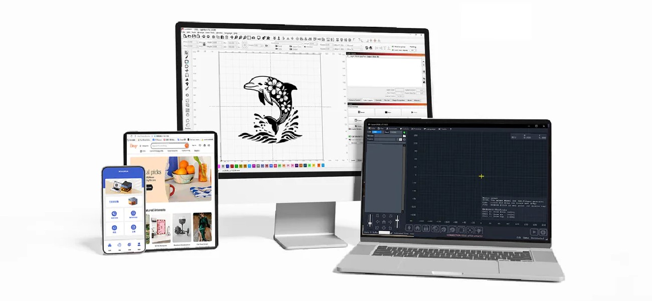Sculpfun IF2 20W Fiber laser engraver supports working with a computer, tablet, and smartphone
