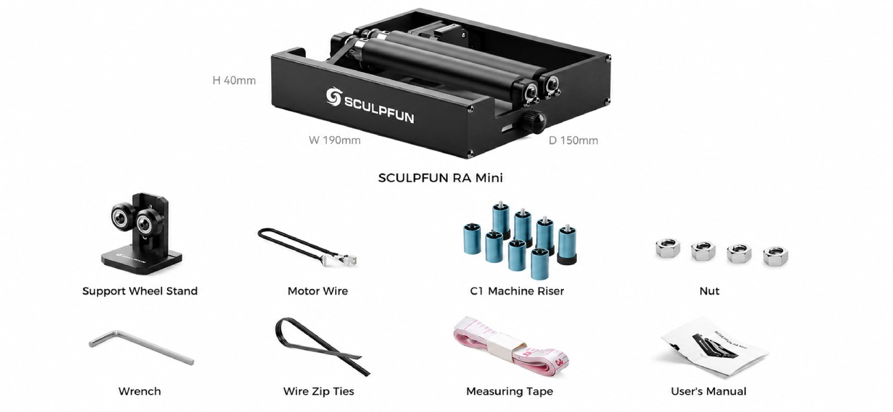 Повна комплектація Sculpfun RA Mini Rotary Roller з усіма необхідними компонентами