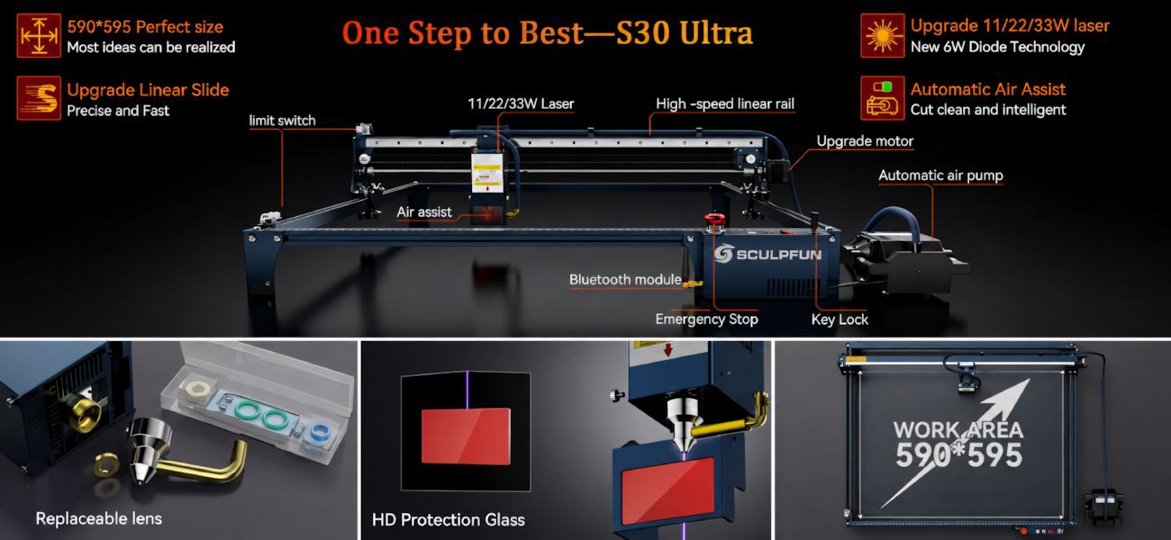Огляд функцій SCULPFUN S30 Ultra 33W з автоматичним Air Assist та робочою зоною 590×595 мм