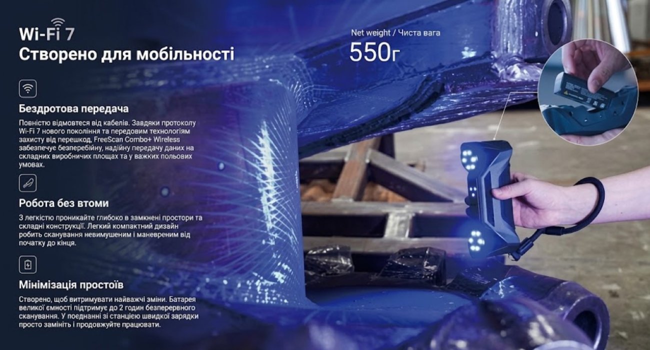 Бездротове 3D-сканування з Wi-Fi 7 SHINING 3D FreeScan Combo+ Wireless