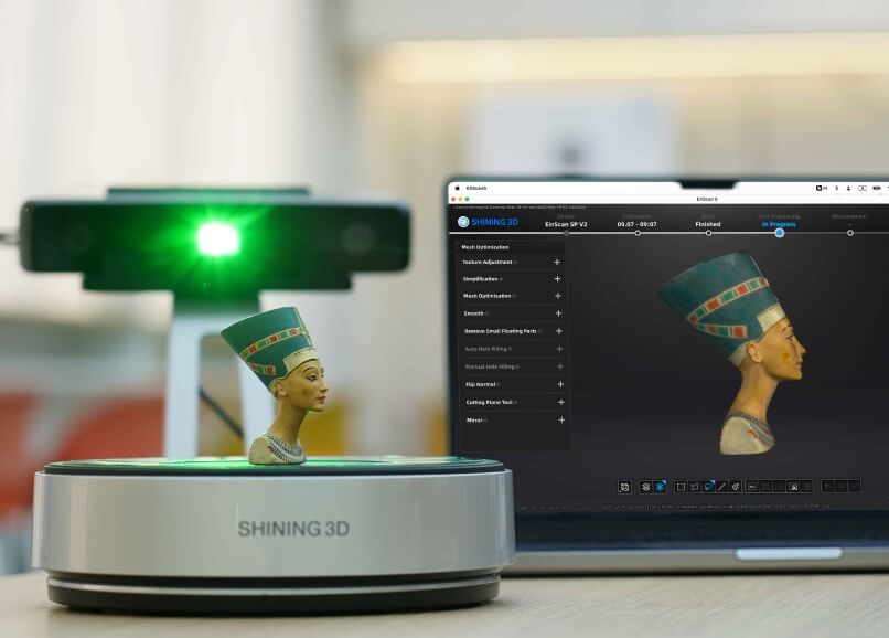 Універсальні та безпечні за своєю конструкцією: Рішення для сканування EinScan SP V2 Універсальне налаштування EinScan SP V2, що показує варіанти з поворотним столом та штативом для безпечного сканування об'єктів різних розмірів.