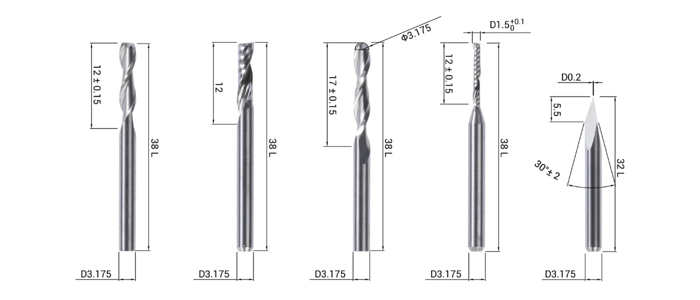 CNC Bits Set of Five Snapmaker Cutters with Different Geometry and Sizes