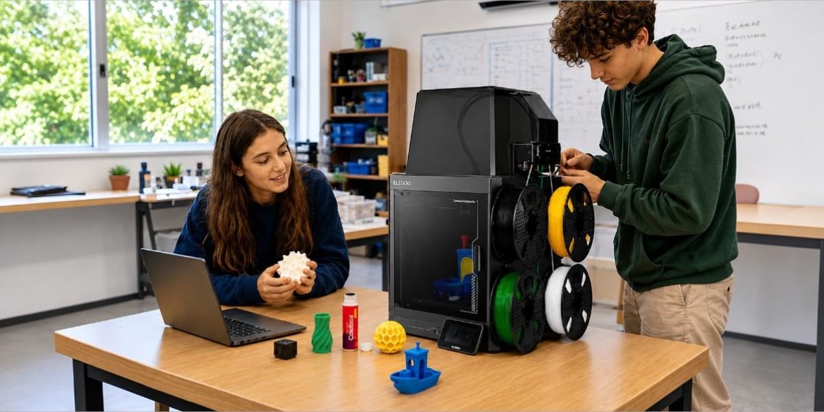 Учні працюють із 3D-принтером Elegoo Centauri Carbon 2 Combo та ноутбуком у навчальній лабораторії.