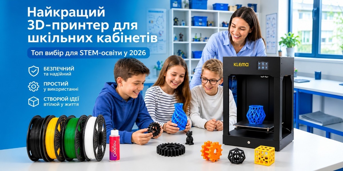 A group of students and a teacher learning 3D printing on the KLEMA printer in class, with printed models and consumables displayed on the table.