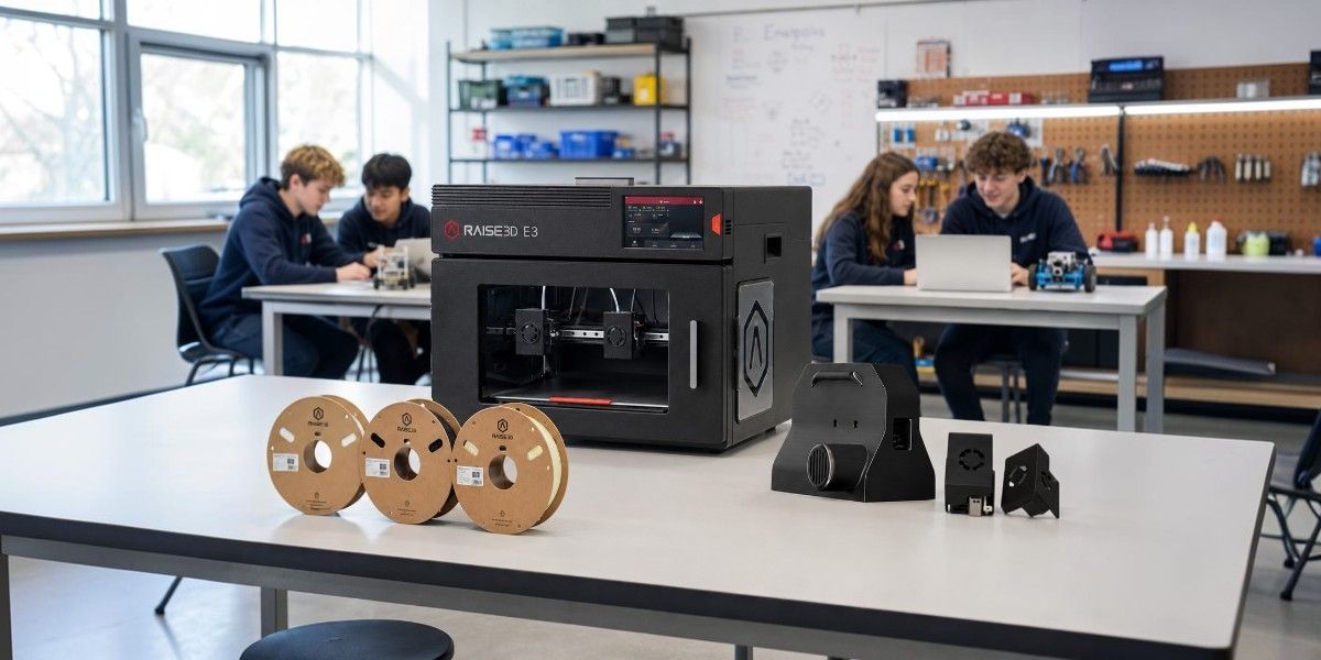 3D Printer Raise3D E3 installed on a table in a classroom along with three filament spools and interchangeable modules, while students work with laptops in the background.