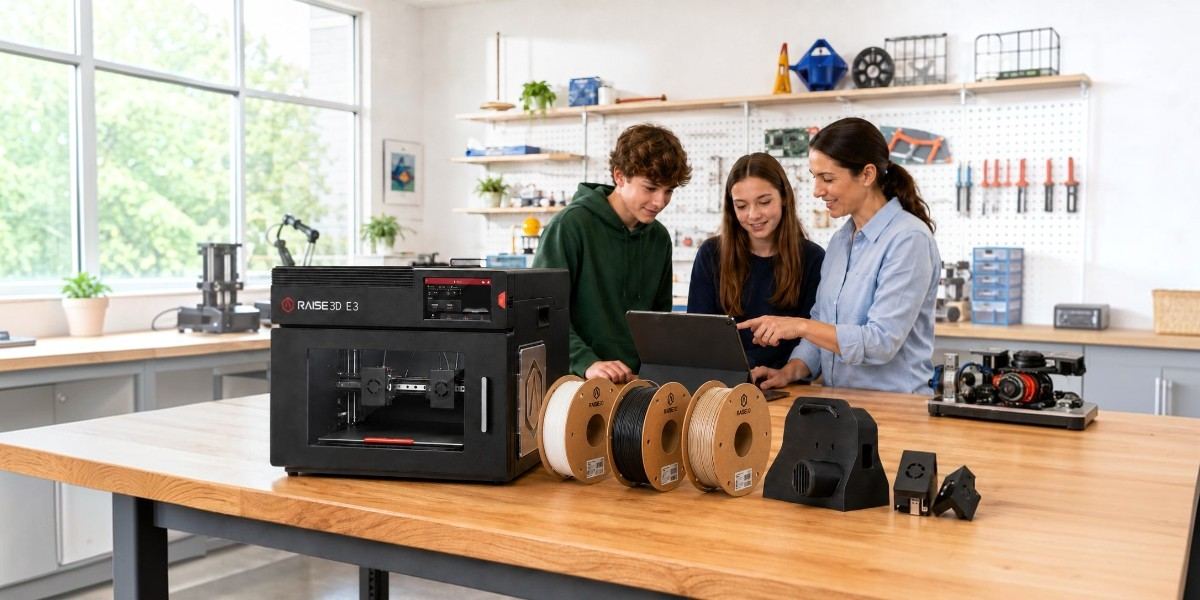 A teacher with students using the 3D Printer Raise3D E3 and a tablet for learning.