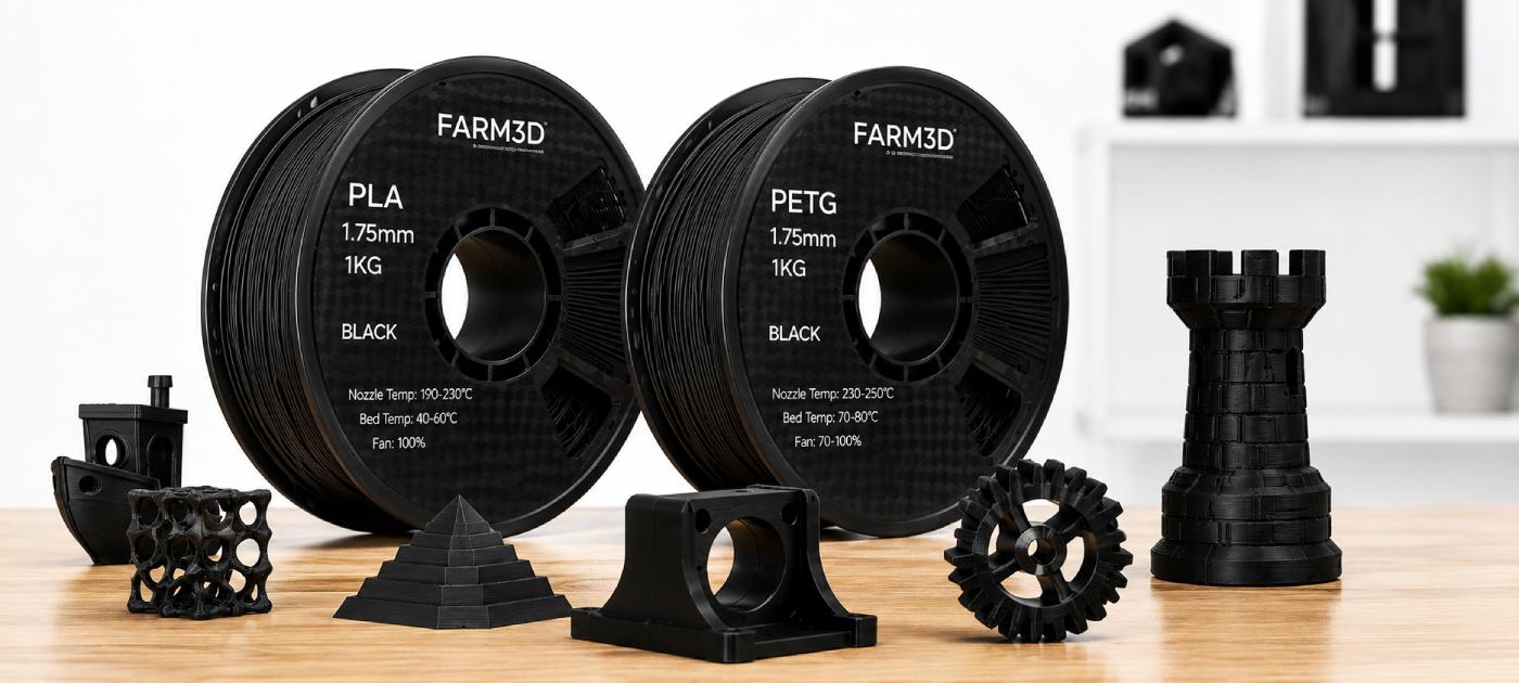 Філаменти FARM3D PLA і PETG для 3D-принтерів з прикладами друку деталей різної складності.