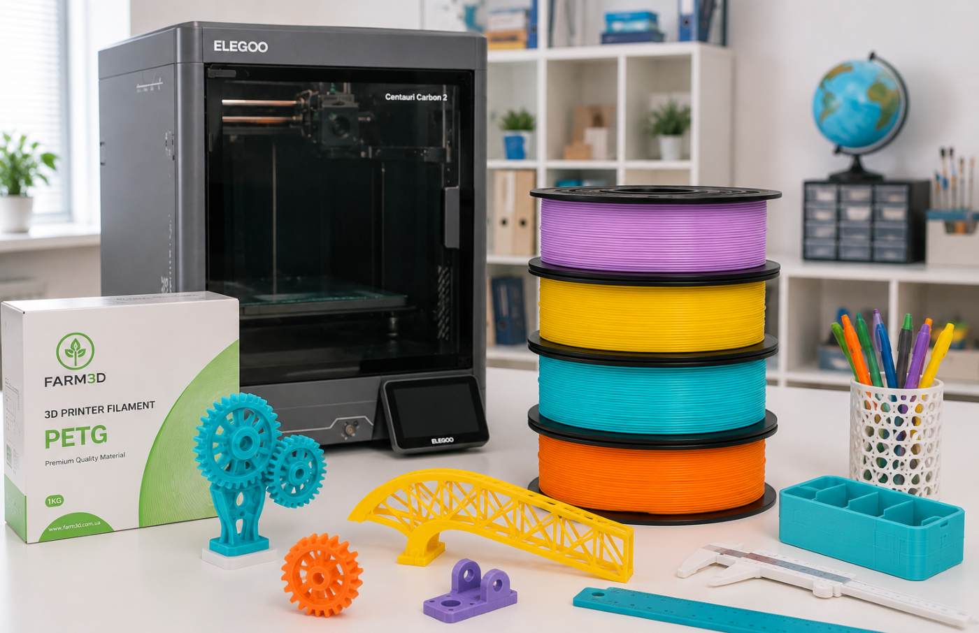 STEM-комплект для 3D-друку з принтером Elegoo Centauri Carbon 2, навчальними моделями та PETG пластиком для освітніх проєктів.