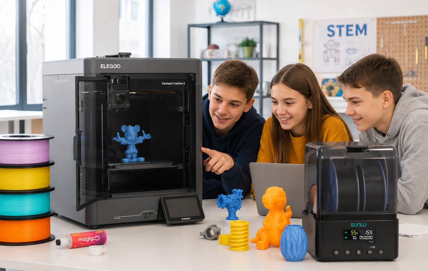 Учні працюють із STEM-комплектом для 3D-друку на базі Elegoo Centauri Carbon 2, сушарки SUNLU S4, PETG-пластику та клею Magigoo, створюючи навчальні моделі й інженерні проєкти в сучасній STEM-лабораторії.