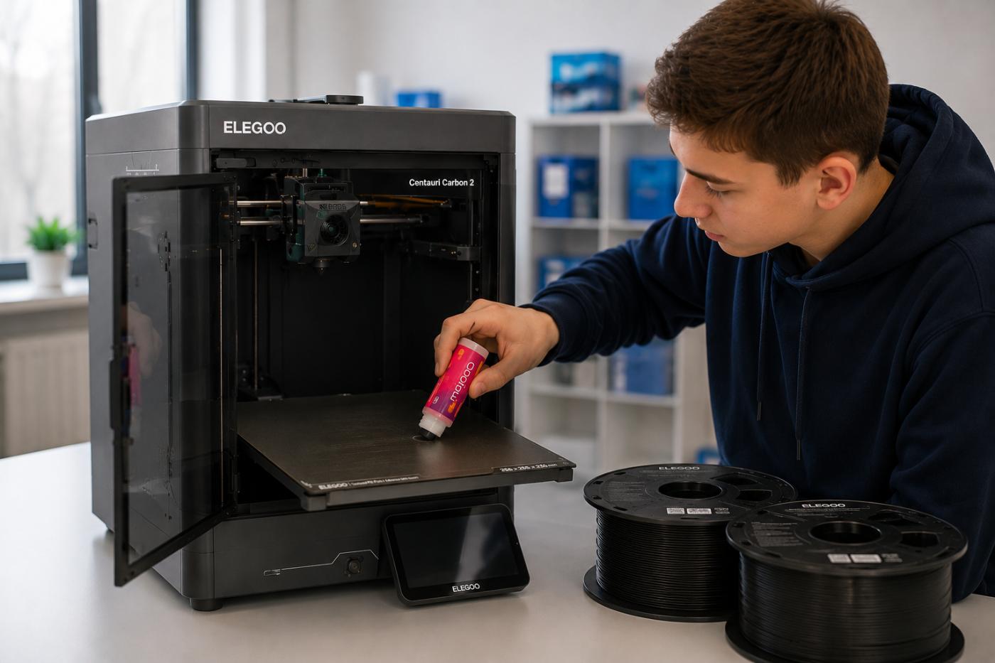 Підготовка друкарської поверхні 3D-принтера Elegoo Centauri Carbon 2 із застосуванням клею Magigoo перед початком друку.