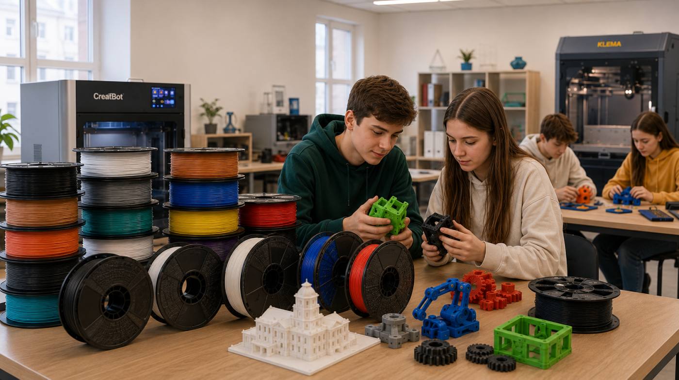 Ученики работают над STEM-проектами в современной лаборатории с промышленными и настольными 3D-принтерами, создавая прототипы, инженерные модели и учебные изделия.