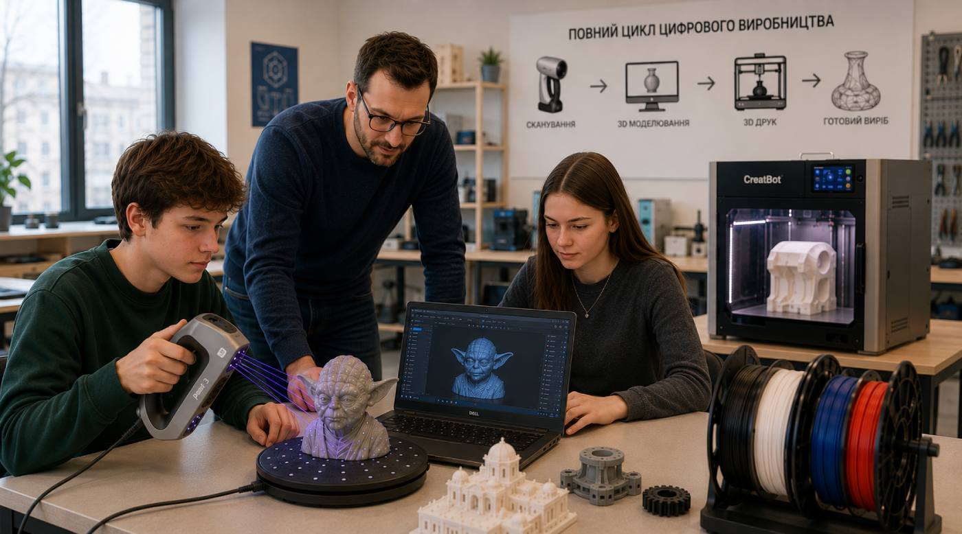 Ученики выполняют 3D-сканирование объекта ручным 3D-сканером, создают цифровую модель и готовят её к 3D-печати в STEM-лаборатории, демонстрируя полный цикл цифрового производства.