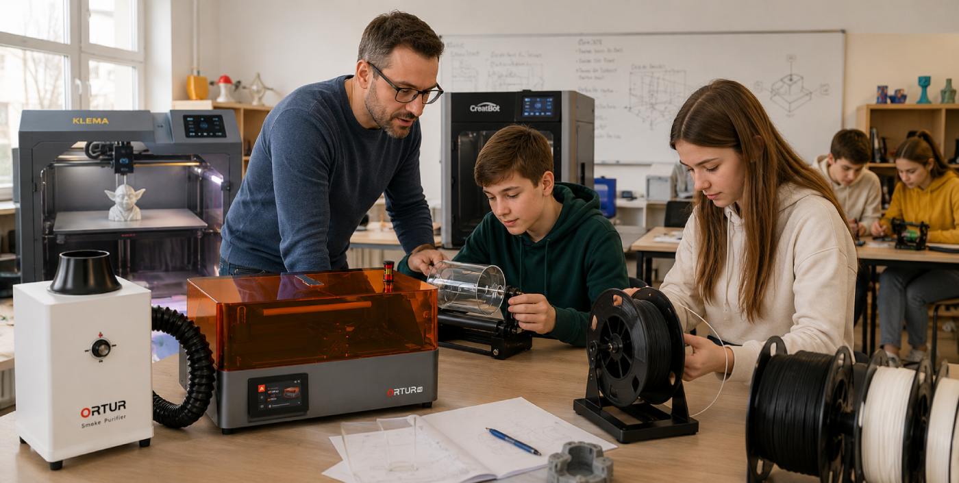STEM-комплект Flagship для обучения 3D-печати, 3D-сканирования и лазерной гравировки в образовательной лаборатории: учитель демонстрирует работу с оборудованием, ученики работают с лазерным гравером, 3D-принтерами, филаментом и ротационной насадкой.