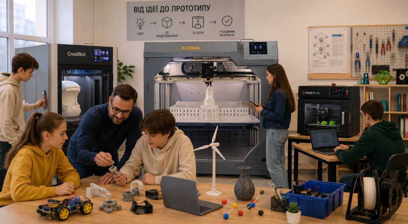 STEM-комплект Flagship для обучения 3D-печати, 3D-сканирования и лазерной гравировки в образовательной лаборатории: учитель демонстрирует работу с оборудованием, ученики работают с лазерным гравером, 3D-принтерами, филаментом и ротационной насадкой.